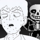 Sans Undertale stands menacingly behind a bewildered Reigen Arataka.
